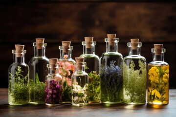 bottled medical flowers, herbs, and essential oils represent a form of alternative medicine. These botanical extracts, such as clover, milfoil, tansy, and rosebay, offer potential health benefits.