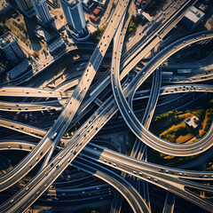 An aerial drone view of different freeways interconnected together. A concept of travel, traffic, and transportation in the big city. Generative ai. 