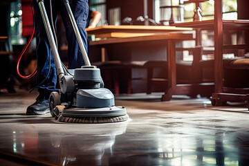 Worker polishing hard floor with high speed polishing machine - obrazy, fototapety, plakaty