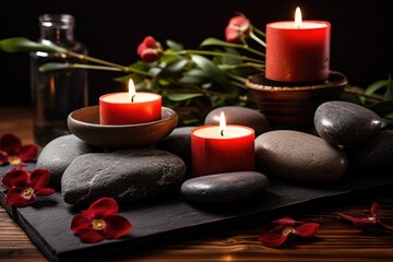 Burning candles are placed alongside prepared hot massage stones on the table.