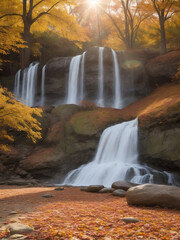 autumn, beautiful flowering trees in full bloom Dry leaves on the ground beside the waterfall. AI Generative