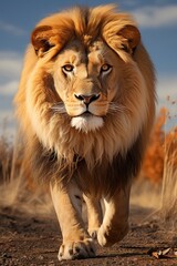 Obraz premium Portrait of a male lion in the savannah. Animal portrait.