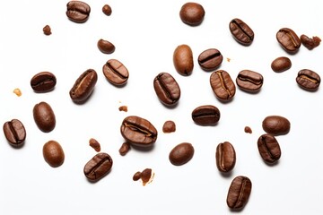 Coffee beans float on a white surface