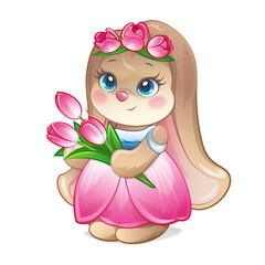 Tulip Bunny: A spring vector in a series of kid-friendly cartoon rabbits. 
Styled like a little princess in a tulip-inspired dress, ideal for children's prints, cards, and spring decor