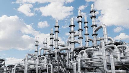 Industrial factory pipeline steel gas oil petroleum petrochemical turbine electrical refinery plant power energy equipment manufacturing. 3d rendering. © Chaosamran_Studio