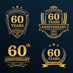 60 years anniversary icon or logo set. Vintage birthday banner design. 60th anniversary jubilee celebration golden badge or label collection. Vector illustration.