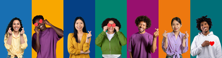 Cheerful multiracial millennials showing red hearts and money gesture, collage