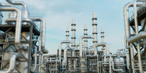 Industrial factory pipeline steel gas oil petroleum petrochemical turbine electrical refinery plant power energy equipment manufacturing. 3d rendering. © Chaosamran_Studio