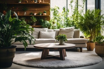 Fototapeta na wymiar Cozy living room featuring a table houseplant and carpet