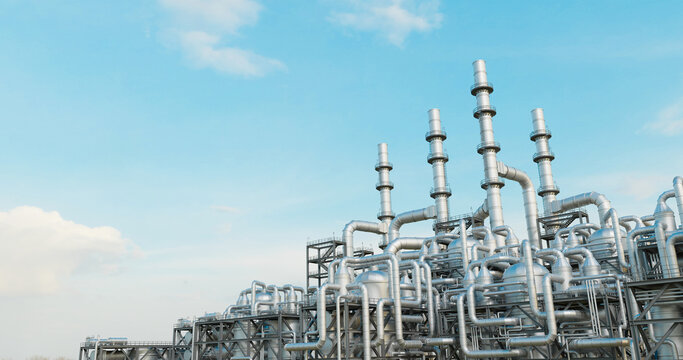 Industrial factory pipeline steel gas oil petroleum petrochemical turbine electrical refinery plant power energy equipment manufacturing. 3d rendering.