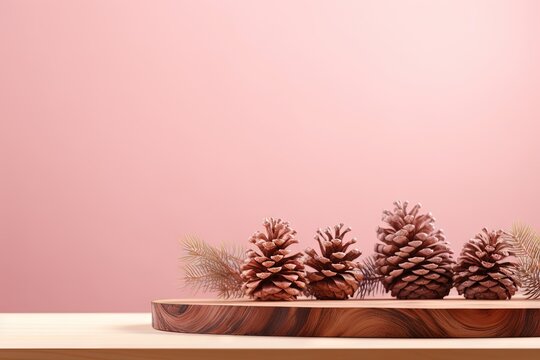 Cosmetic product mockup with natural cedar pine cones on wooden podium against pastel pink background