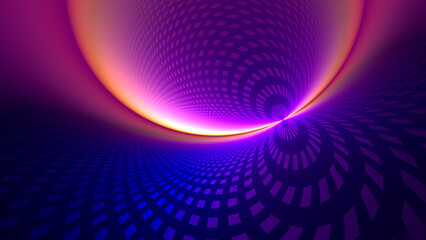 Synthwave fractal art grid. Curved horizon in neon colors. 80's retro aesthetic.