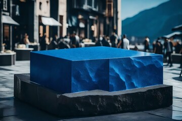 Fototapeta na wymiar natural cubic blue rock cosmetic podium composition with black rock in the street