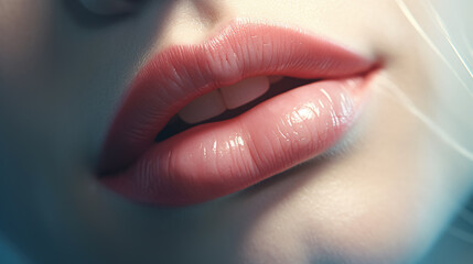 A close-up photo of a girl's lips in a kissing pose, set against a blue background.