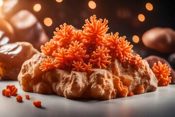 natural cubic iridescent rock cosmetic podium composition with orange corals in the photo studio