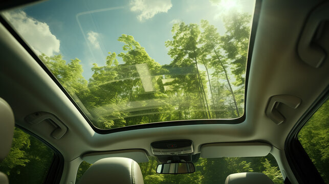 The Interior Of A Car Features A Transparent Roof With A View Of Trees, Sky, And Sun.