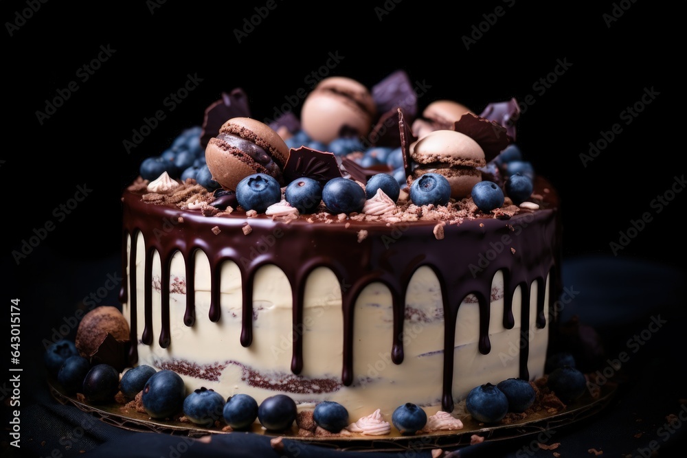 Sticker dark chocolate drips embellish a brown cream cheese frosting atop a birthday cake accompanied by blu