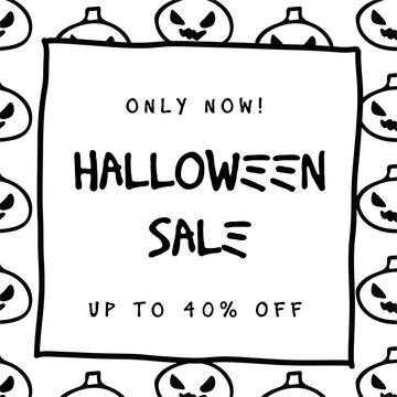 Halloween sale banner for social media. Spooky hand drawn discount offer doodle scribble post with pumpkinsd (Full Vector)
