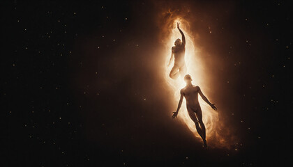 burning light silhouette of woman and man two souls flying in space, leaving earth to heaven, generative AI