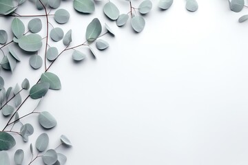 Eucalyptus branches arranged on a pastel gray backdrop. The leaves form a pattern in a flat lay style, captured from a top view with empty space for text.