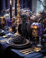 Fototapeta na wymiar a table set for halloween party with black and gold decorations, silverware, candles, skeleton figurin
