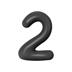 Black number 2. 3D volumetric render figure. Black realistic plastic number with highlights.