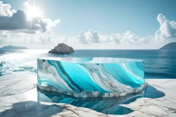 flat glass rock cosmetic podium background with marble by the wavy ocean hyperrealistic materials
