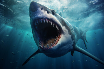 Scary megalodon (extinct prehistoric shark) under water - 643017351