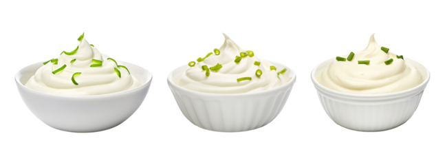 Set collection of three bowls of sour cream isolated on transparent or white background, png