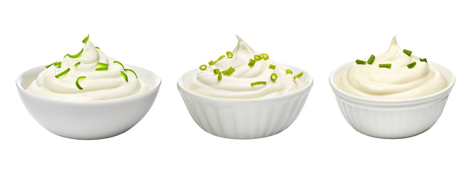 Set collection of three bowls of sour cream isolated on transparent or white background, png