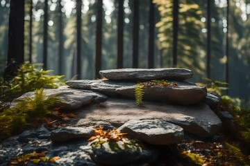 Obraz premium flat titanium rock podium background with dolomite in the forest hyperrealistic materials