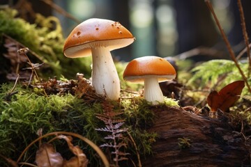 Forest mycelium in moss with big bolete mushrooms during mushroom harvesting season Fungal plant