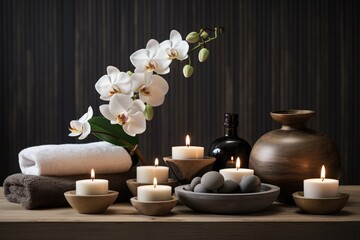 Fototapeta na wymiar Gorgeous spa arrangement showcased on a wooden table