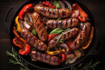 Grilled Italian sausage with peppers onions herbs and tomatoes closeup in a frying pan on the table - obrazy, fototapety, plakaty