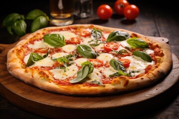 Italian pizza with mozzarella cheese and tomato topped with fresh basil on a thick crust