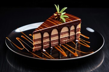 Modern dessert featuring a chocolate mirror glaze tops the mousse cake