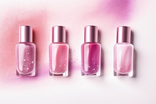 Nail art with metallic pink polish spilled around bottles