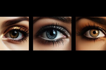 Panoramic collage showcasing natural light makeup on stunning female eyes