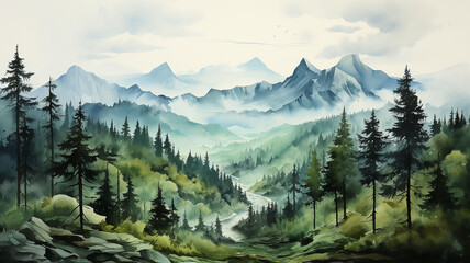 Watercolor landscape of a coniferous forest against the backdrop of mountains.Generative AI technology.	
