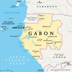 Gabon, political map. Gabonese Republic, a country on the Atlantic coast of Central Africa, with capital Libreville. Bordered by Equatorial Guinea, Cameroon, Republic of the Congo, and Gulf of Guinea.