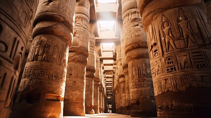 Ancient Egyptian karnak temple complex's great hypostyle hall's low-angle ceiling has old, ornately...