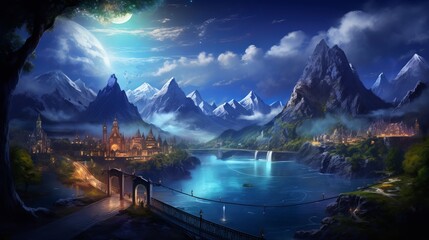 A gorgeous view of a brightly lit village with a river and bridge on the grassy edge of a lake, against the backdrop of a mountain range and the blue sky.