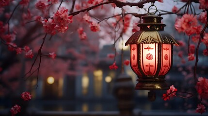 red chinese lantern hanging from tree, vintage charm, cherry blossom, chinese new year celebration,...