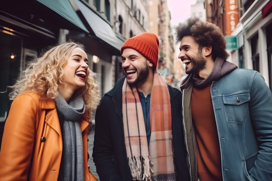 Happy Multiracial Friends Having Fun Hanging Out On City Street At Winter