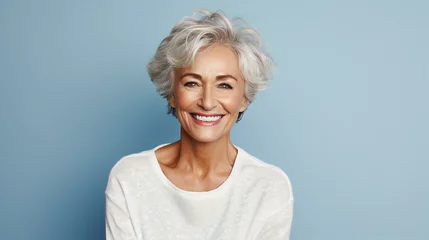 Foto op Plexiglas Beautiful gorgeous elderly woman 50s age senior model with grey hair laughing and smiling. Mature old lady close-up portrait. Healthy face skin care beauty, skincare cosmetics, dental, health. © Florin