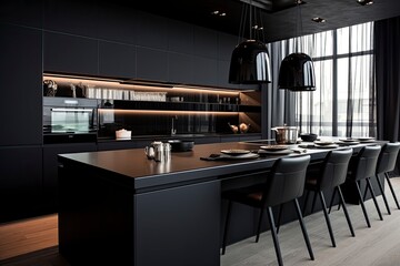 A spacious kitchen with a sleek and modern design featuring a long counter and comfortable chairs created with Generative AI technology