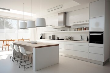 A modern kitchen with a spacious island and sleek white cabinets created with Generative AI technology