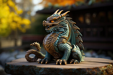 Small carved green wooden dragon figurine in autumn park is a symbol of year 2024