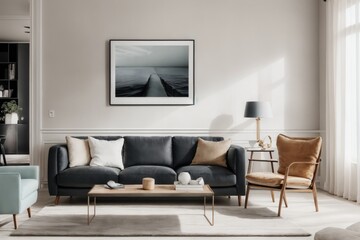 Interior mockup with picture frame on a Wall. Living room with sofa and painting on a wall 