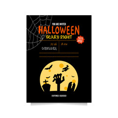 Vector Halloween party invitation with a hand emerging from the ground in the cemetery in the full moon